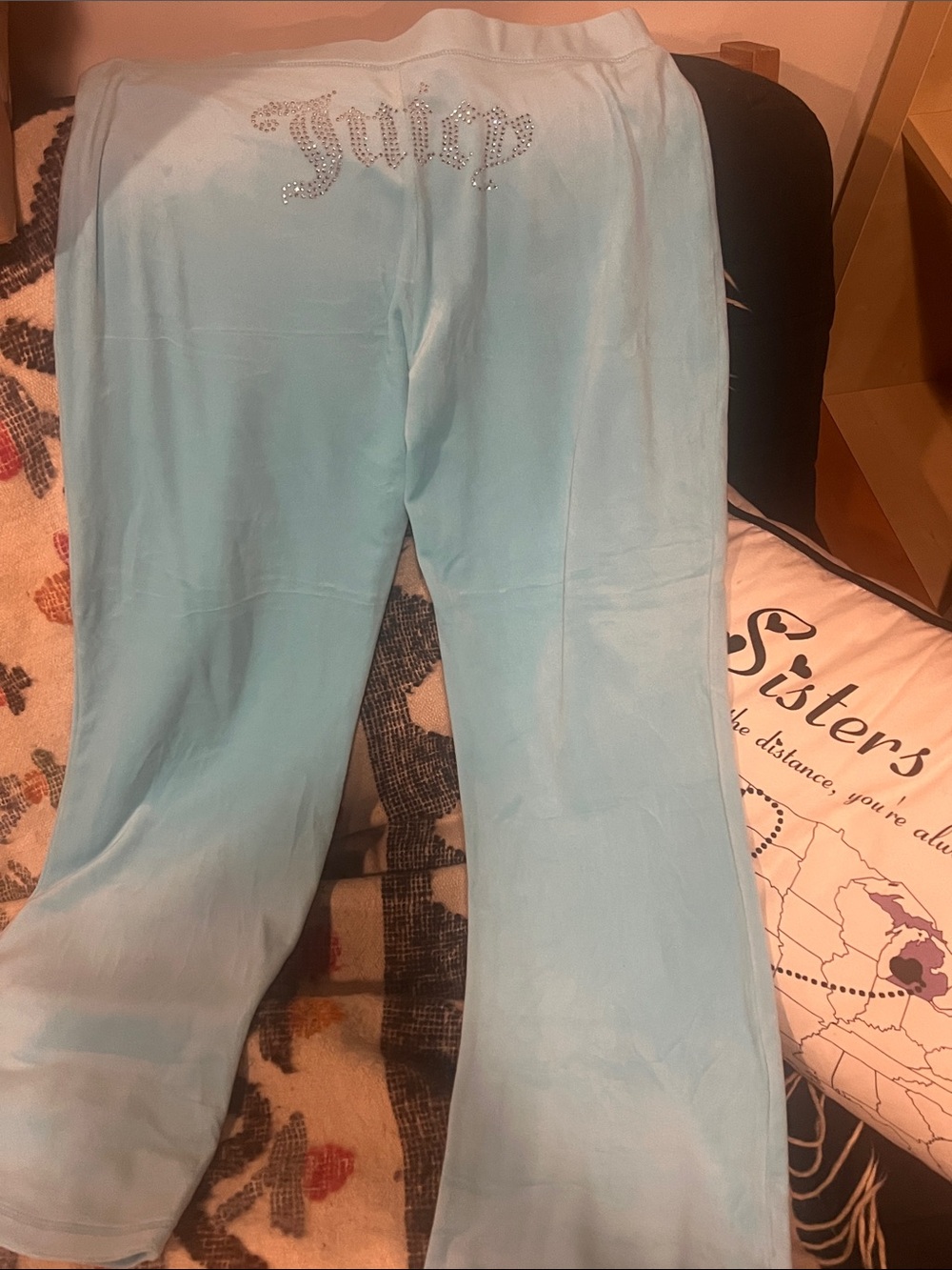 Never worn!  Juicy Couture Light Blue Velour Rhinestone Logo Lounge Pants